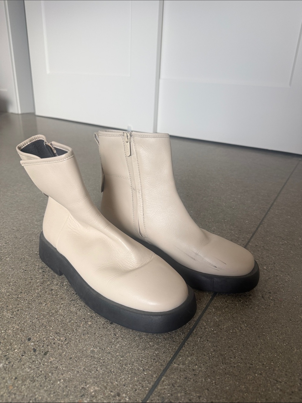 Franco Sarto Cream Ankle Boots with Black Platform Sole
